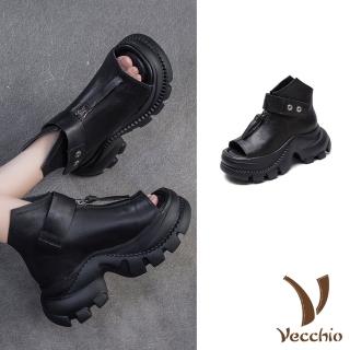 【Vecchio】真皮涼鞋 厚底涼鞋/真皮頭層牛皮復古設計個性露趾厚底羅馬涼鞋(黑)