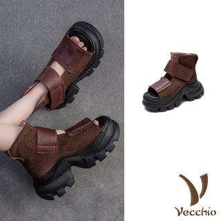 【Vecchio】真皮涼鞋 厚底涼鞋/真皮頭層牛皮復古個性魔鬼粘輕量厚底涼鞋(棕)