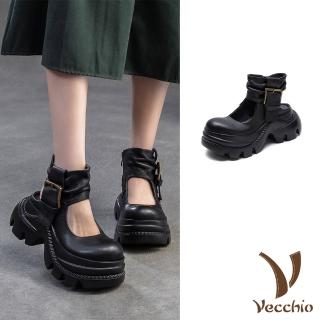 【Vecchio】真皮涼鞋 厚底涼鞋/全真皮頭層牛皮復古縷空拼接繫帶厚底涼鞋(黑)