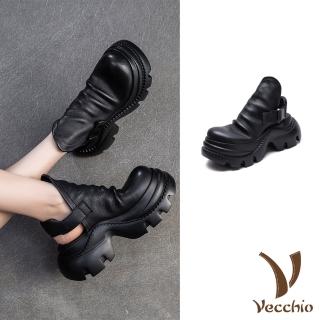 【Vecchio】真皮涼鞋 厚底涼鞋/全真皮頭層牛皮復古褶皺時尚厚底包頭涼鞋(黑)
