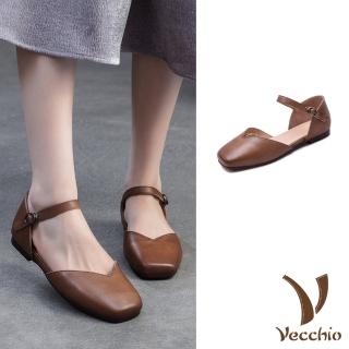 【Vecchio】真皮涼鞋 低跟涼鞋/全真皮頭層牛皮經典方頭V口低跟涼鞋(卡其)