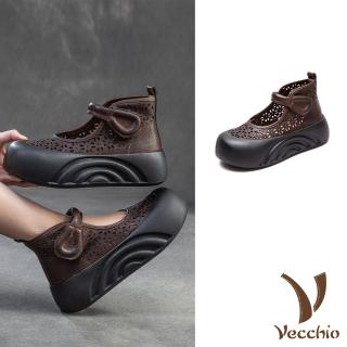 【Vecchio】真皮涼鞋 厚底涼鞋/全真皮頭層牛皮復古縷空刻花厚底一字帶涼鞋(咖)