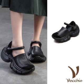 【Vecchio】真皮涼鞋 厚底涼鞋/全真皮頭層牛皮異材質拼接厚底包頭一字帶涼鞋(黑)