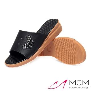 【MOM】真皮拖鞋 坡跟拖鞋/真皮細緻美鑽蝴蝶造型坡跟拖鞋(黑)