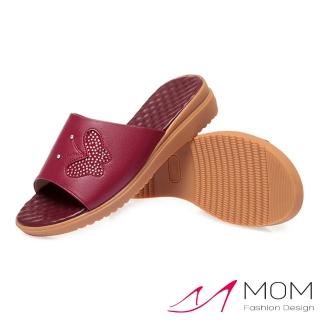 【MOM】真皮拖鞋 坡跟拖鞋/真皮細緻美鑽蝴蝶造型坡跟拖鞋(紅)
