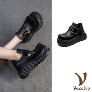 【Vecchio】真皮休閒鞋 厚底休閒鞋/全真皮頭層牛皮異材質拼接大皮帶釦造型厚底休閒鞋(黑)