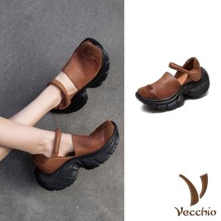【Vecchio】真皮涼鞋 厚底涼鞋/全真皮頭層牛皮異材質拼接厚底包頭一字帶涼鞋(棕)