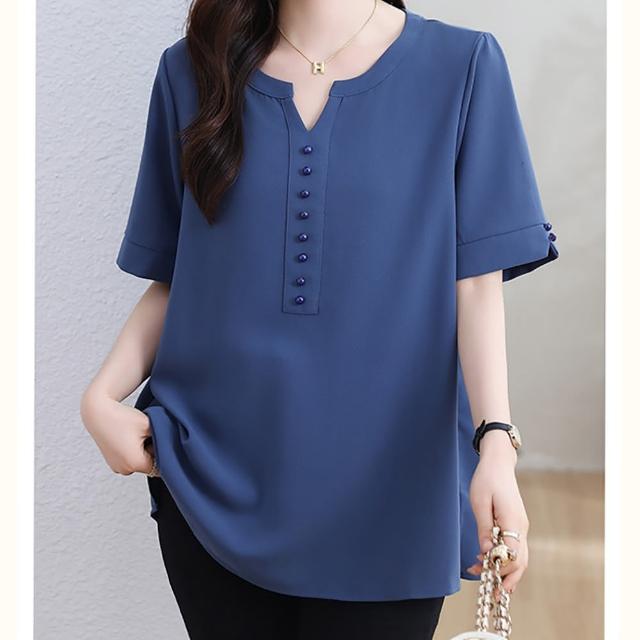 【麗質達人】6375藍色短袖上衣-LY(L-5XL)
