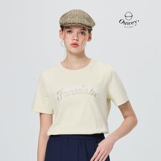 【OUWEY 歐薇】復古暈染刺繡字母純棉短袖T(杏；S-L；3252321041)