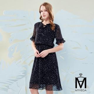 【MYVEGA 麥雪爾】MA浪漫荷葉領碎花雪紡短洋裝-黑
