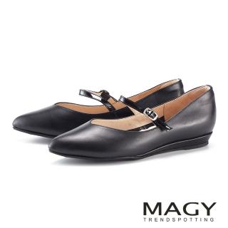 【MAGY】全真皮親膚尖頭V口平底瑪麗珍鞋(黑色)