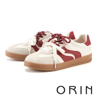【ORIN】拚色皮革綁帶德訓休閒平底鞋(紅色)