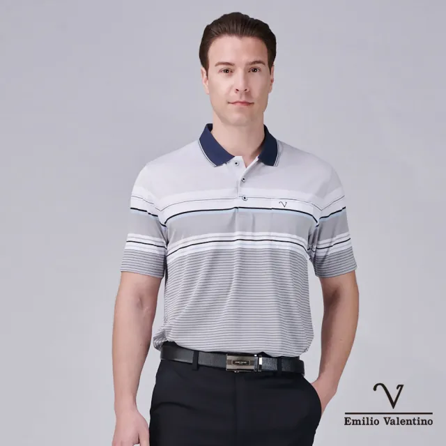【Emilio Valentino 范倫鐵諾】男短袖POLO衫 涼感 吸濕排汗 機能彈力 口袋 POLO衫 台灣 灰白藍(15-5V9913)