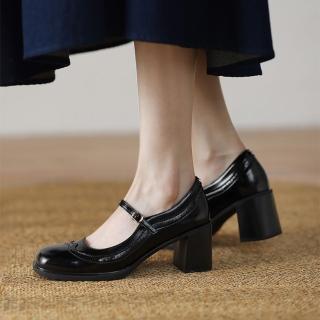 【WYPEX】法式一字帶真皮瑪莉珍鞋女鞋 粗跟高跟不露趾涼鞋