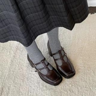 【WYPEX】法式雙帶真皮瑪莉珍鞋女鞋 粗跟高跟不露趾涼鞋