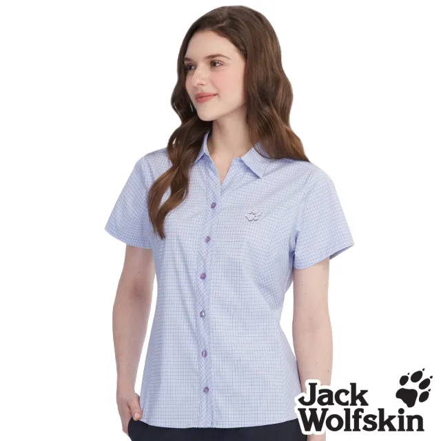 【Jack wolfskin 飛狼】女 氣質格紋修身防曬短袖襯衫(藍)