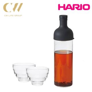 【HARIO】酒瓶式冷泡茶壺杯組 酒瓶冷泡茶壺黑750mlx1+耐熱湯吞小茶杯x2(FIHU-2012-B-EX)