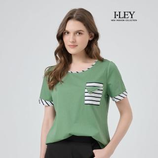【ILEY 伊蕾】條紋拼接口袋純棉T恤(綠；M-2L；1252181239)