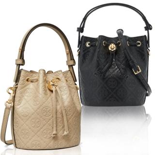 【TORY BURCH】TB Monogram 皮革浮雕壓花LOGO 水桶包手提斜背兩用包(小款/2色任選)