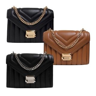 【Michael Kors】MK WHITNEY小香風金屬鍊帶絎縫皮革翻蓋肩背/斜背兩用包(多款可選)