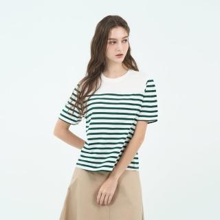 【GIORDANO 佐丹奴】女裝條紋短袖上衣(51 皎白X雨林綠)