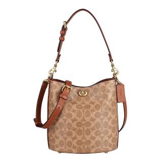 【COACH】COACH Willow 19皮標LOGO緹花帆布拼牛皮釦式手提/肩背/斜背水桶包(棕褐x焦糖棕)