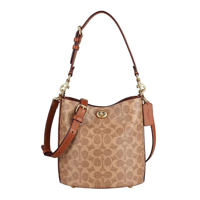【COACH】COACH Willow 19皮標LOGO緹花帆布拼牛皮釦式手提/肩背/斜背水桶包(棕褐x焦糖棕)