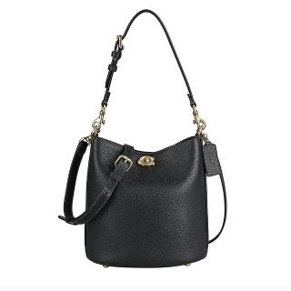 【COACH】COACH Willow 19復古C字釦LOGO荔枝紋小牛皮釦式手提/肩背/斜背水桶包(黑)