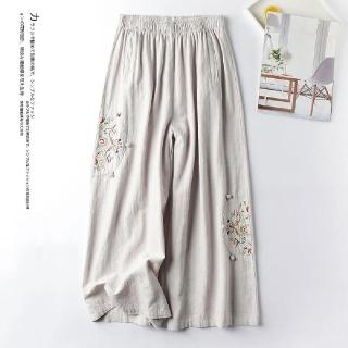 【LANNI 藍尼】★復古刺繡棉麻感寬褲(女裝/褲子/長褲/休閒褲/九分褲)