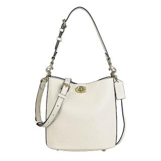 【COACH】COACH Willow 19復古C字釦LOGO荔枝紋小牛皮釦式手提/肩背/斜背水桶包(粉筆白)