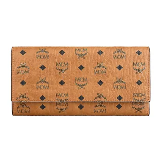 【MCM】MCM Visetos Original滿版紋路印花LOGO月桂葉及菱形設計小牛皮10卡釦式三折長夾(白蘭地棕)