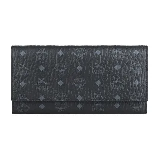 【MCM】MCM Visetos Original滿版紋路印花LOGO月桂葉及菱形設計小牛皮10卡釦式三折長夾(黑x灰藍)