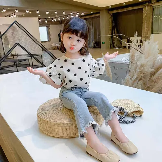 【安朵童舖】現貨韓版兒童波點露背牛仔褲套裝女寶短袖套裝女童短袖上衣牛仔長褲(032)