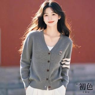 【初色】學院風刺繡小圖條紋寬鬆V領長袖針織衫上衣女上衣-灰色-10893(F可選)