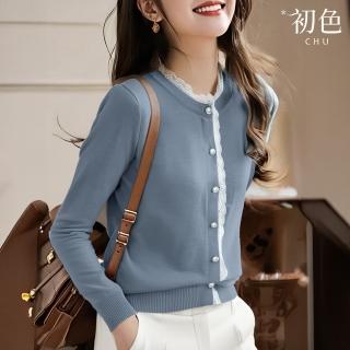 【初色】日系蕾絲花邊珍珠扣圓領長袖針織衫上衣女上衣-共2色-10870(F可選)