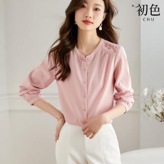 【初色】復古風盤扣圓領長袖刺繡襯衫上衣女上衣-粉色-10761(M-2XL可選)