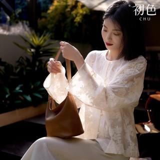 【初色】新中式國風薄款純色植物刺繡盤扣單排扣圓領長袖外套女外套-米色-10770(M-2XL可選)