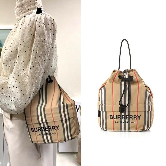 【BURBERRY 巴寶莉】80267371 經典格紋尼龍手提束繩水桶包(卡其色)
