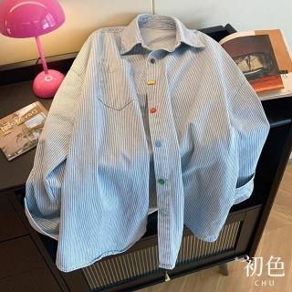 【初色】復古簡約撞色牛仔條紋襯衫上衣女上衣開衫外套-藍色-10781(M-XL可選)
