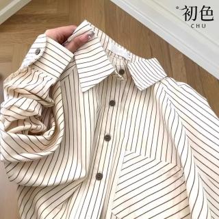 【初色】法式條紋休閒通勤長袖襯衫單排釦上衣女上衣-條紋-10831(M-2XL可選)