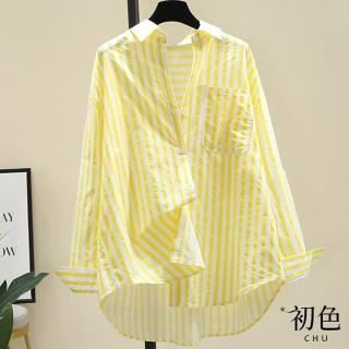 【初色】韓版寬鬆條紋通勤長袖襯衫上衣女上衣開衫輕薄外套-共6色-10832(M-3XL可選)