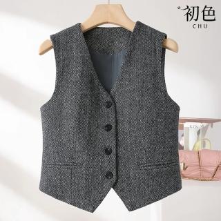 【初色】復古英式毛呢無袖背心單排釦馬甲外套女外套-共2色-10845(M-2XL可選)