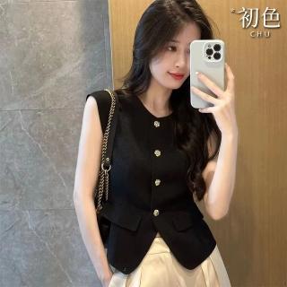 【初色】小香風薄款純色修身百搭圓領短袖馬甲背心女背心-共2色-10852(M-2XL可選)