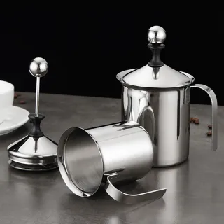 【pakchoice】304不鏽鋼雙層手動奶泡器 800ml 手打奶泡杯 打泡器 拉花鋼杯 奶泡機(咖啡用品)