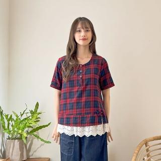 【Hana Mokuba】花木馬日系女裝紅格紋拼接蕾絲花邊上衣(造型上衣)