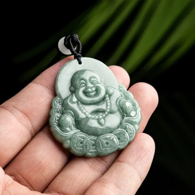 【Penny 珮妮】A貨翡翠豆種金錢笑佛彌勒佛通財吊墜項鍊毛衣鍊(交換禮物  生日禮 情人節 尾牙 新年 結婚)