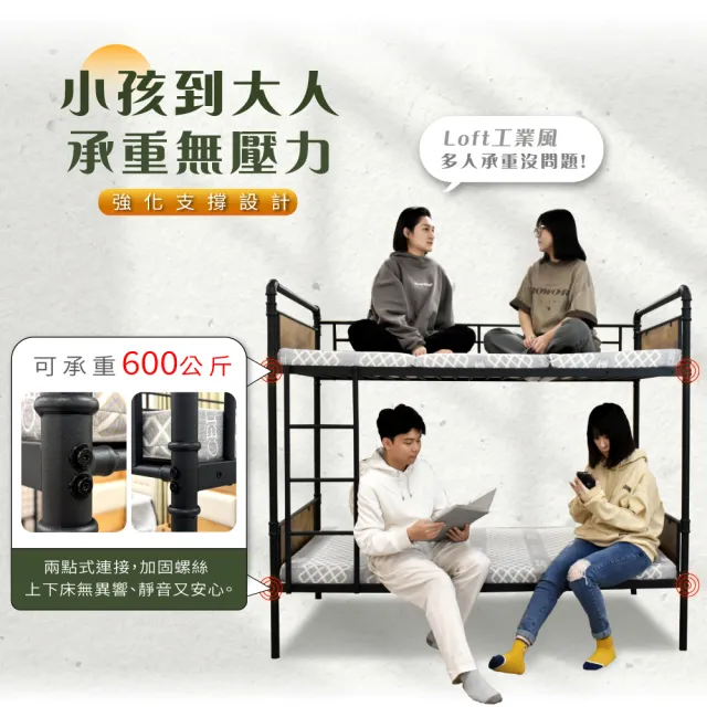 【IHouse】水管工業風床組(3.5尺雙層床+天絲8CM薄墊*2)