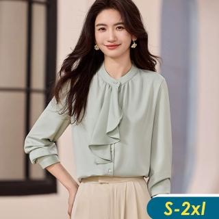 【CHACO】/預購/女春秋 淺綠色雪紡襯衫飄帶點綴長袖排釦上衣#2583(雪紡 上衣 襯衫 長袖 女 春秋 OL)