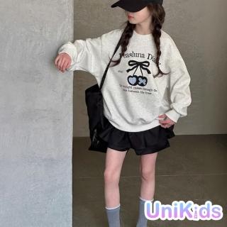 【UniKids】中大童裝長袖大學T恤 復古甜美櫻桃上衣 女大童裝 CV25-88829(灰)