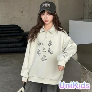 【UniKids】中大童裝長袖POLO衫 狗狗上衣T恤 女大童裝 CV小狗POLO(灰綠)